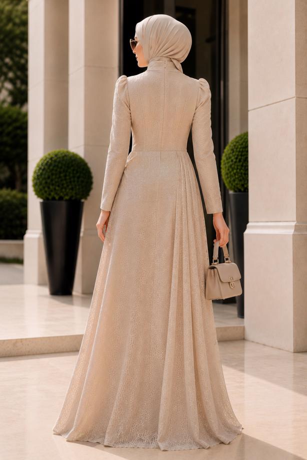 Hijab clothing CREAM CORSET DETAIL GUIPURE EVENING DRESS T 6525 - TRENDTESETTÜR