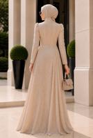 Hijab clothing CREAM CORSET DETAIL GUIPURE EVENING DRESS T 6525