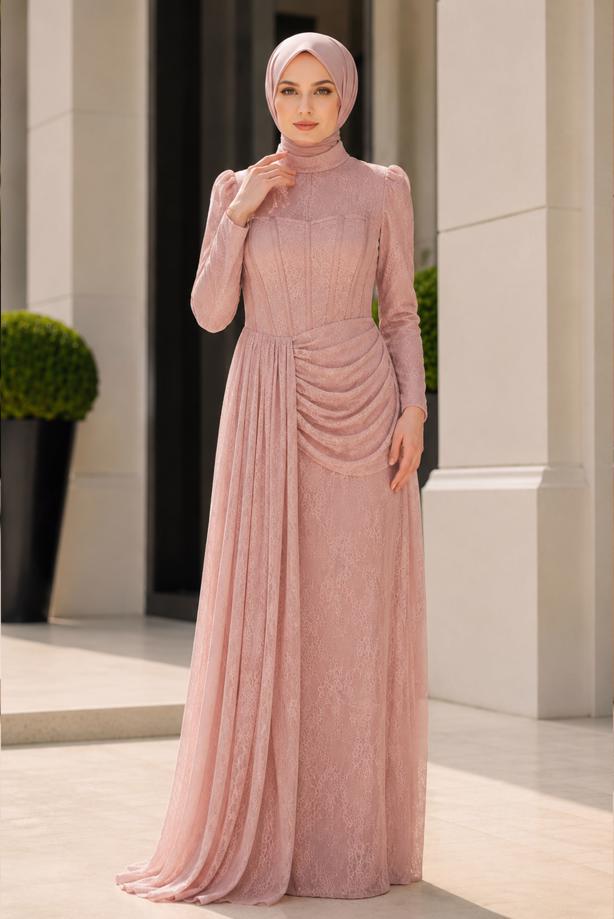 Hijab clothing POWDER CORSET DETAIL GUIPURE EVENING DRESS T 6525 - TRENDTESETTÜR