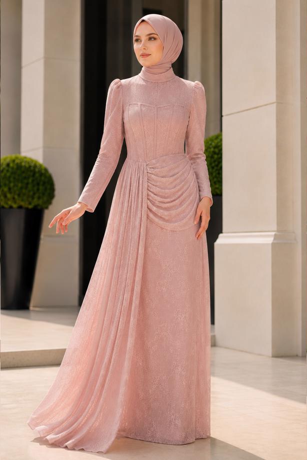 Hijab clothing POWDER CORSET DETAIL GUIPURE EVENING DRESS T 6525 - TRENDTESETTÜR