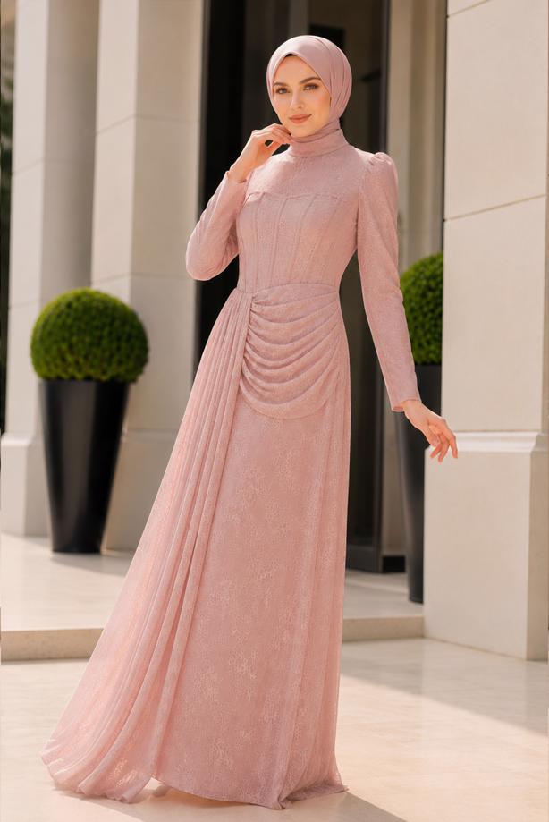 Hijab clothing POWDER CORSET DETAIL GUIPURE EVENING DRESS T 6525 - TRENDTESETTÜR