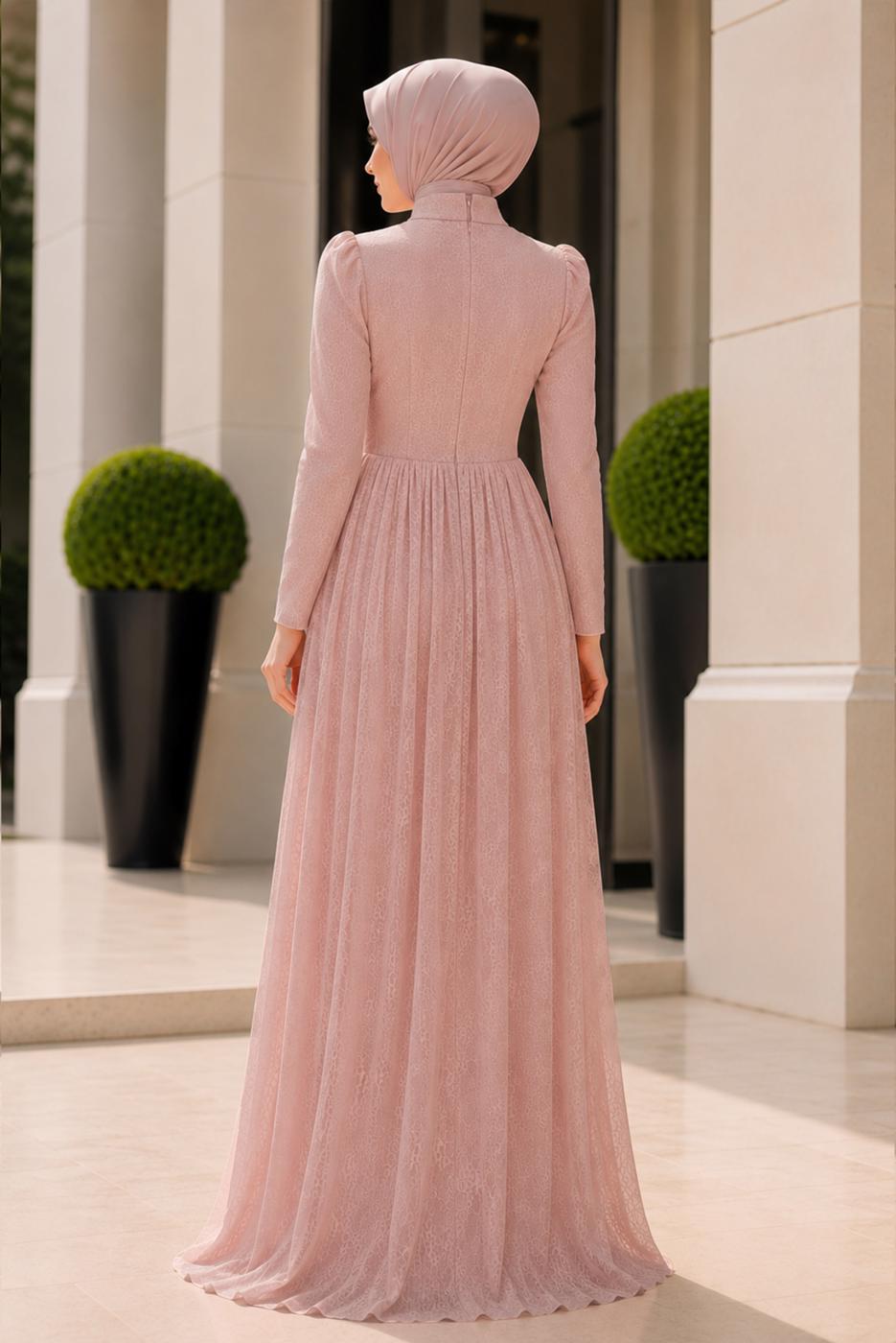 Hijab clothing POWDER CORSET DETAIL GUIPURE EVENING DRESS T 6525