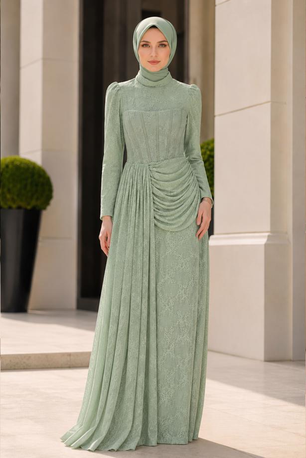Hijab clothing GREEN CORSET DETAIL GUIPURE EVENING DRESS T 6525 - TRENDTESETTÜR