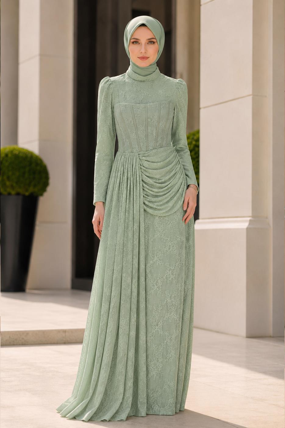 Hijab clothing GREEN CORSET DETAIL GUIPURE EVENING DRESS T 6525
