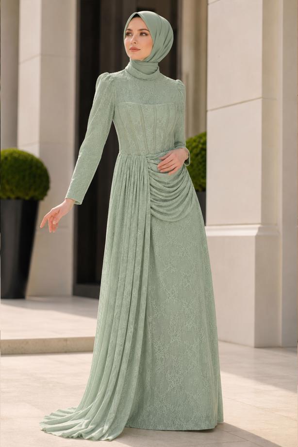 Hijab clothing GREEN CORSET DETAIL GUIPURE EVENING DRESS T 6525 - TRENDTESETTÜR