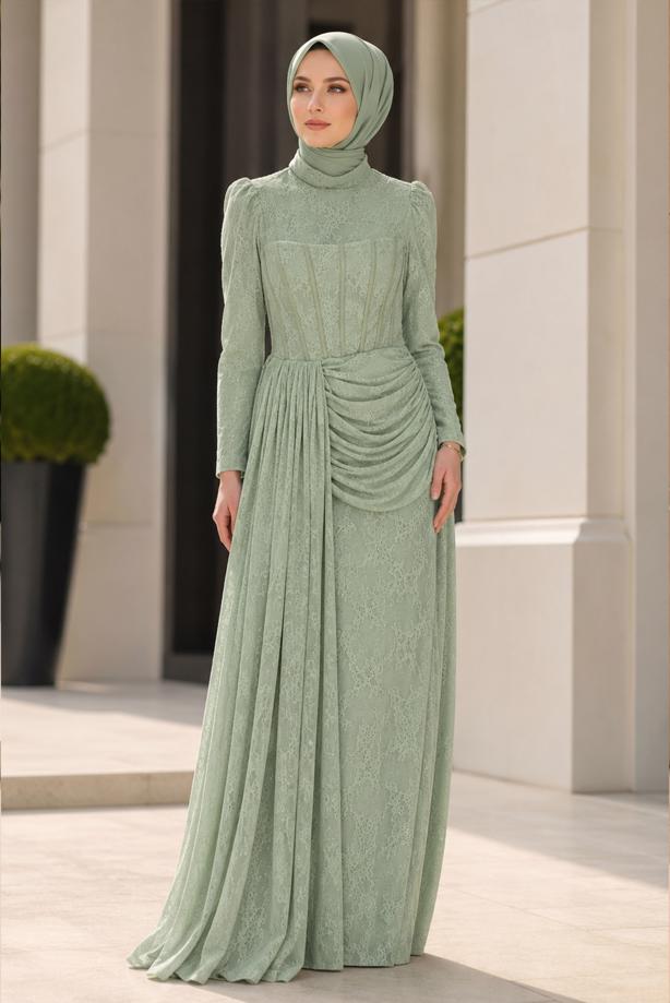 Hijab clothing GREEN CORSET DETAIL GUIPURE EVENING DRESS T 6525 - TRENDTESETTÜR