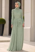 Hijab clothing GREEN CORSET DETAIL GUIPURE EVENING DRESS T 6525