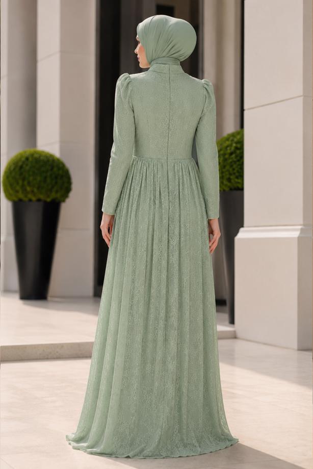Hijab clothing GREEN CORSET DETAIL GUIPURE EVENING DRESS T 6525 - TRENDTESETTÜR