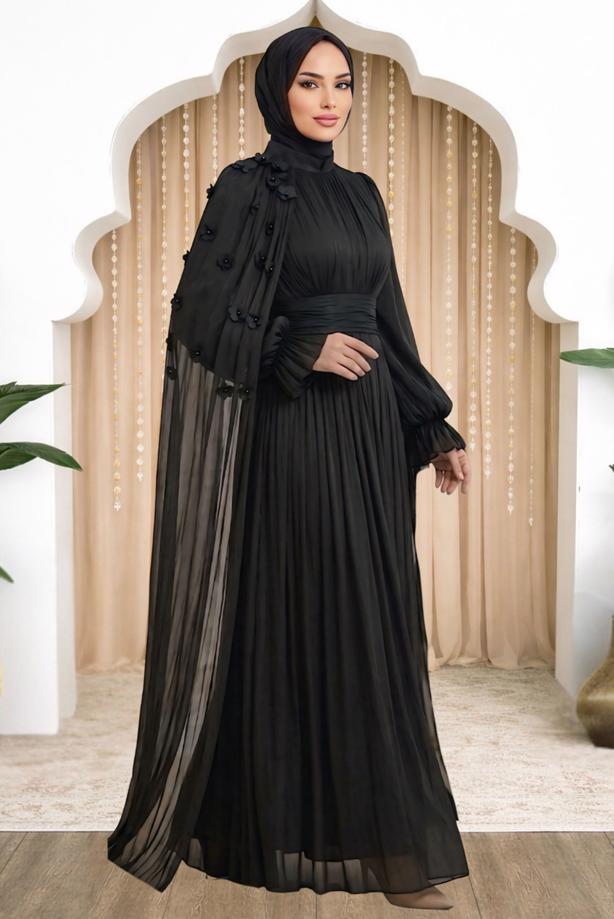 Tesettür giyim SİYAH PELERİNLİ ŞİFON ABİYE ELBİSE T 6663 - TRENDTESETTÜR