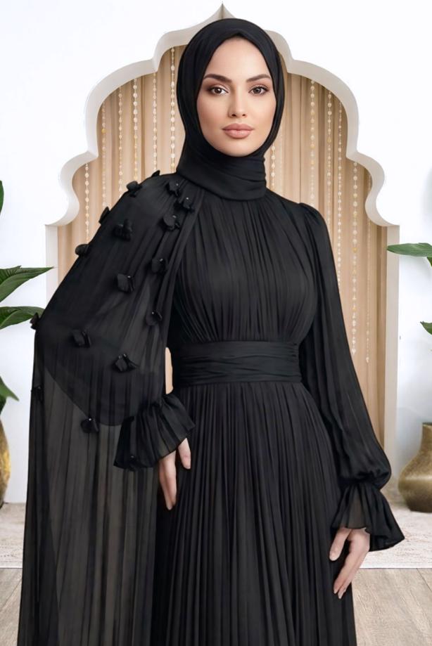 Tesettür giyim SİYAH PELERİNLİ ŞİFON ABİYE ELBİSE T 6663 - TRENDTESETTÜR