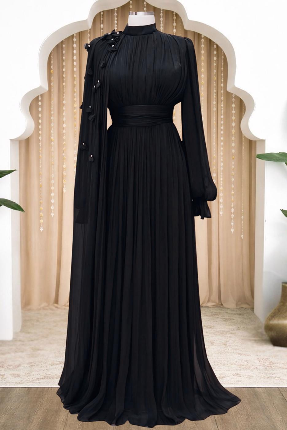 Tesettür giyim SİYAH PELERİNLİ ŞİFON ABİYE ELBİSE T 6663