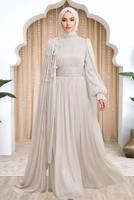Tesettür giyim BEJ PELERİNLİ ŞİFON ABİYE ELBİSE T 6663