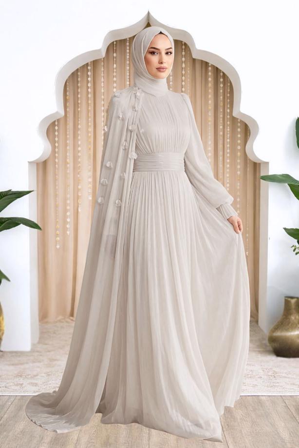 Tesettür giyim BEJ PELERİNLİ ŞİFON ABİYE ELBİSE T 6663 - TRENDTESETTÜR