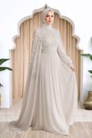 Tesettür giyim BEJ PELERİNLİ ŞİFON ABİYE ELBİSE T 6663