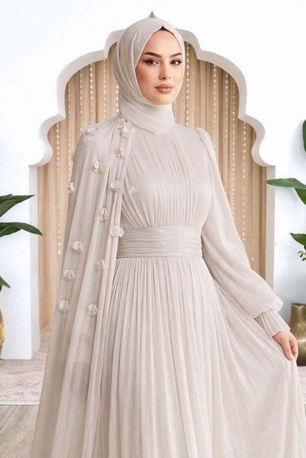 Tesettür giyim BEJ PELERİNLİ ŞİFON ABİYE ELBİSE T 6663 - TRENDTESETTÜR