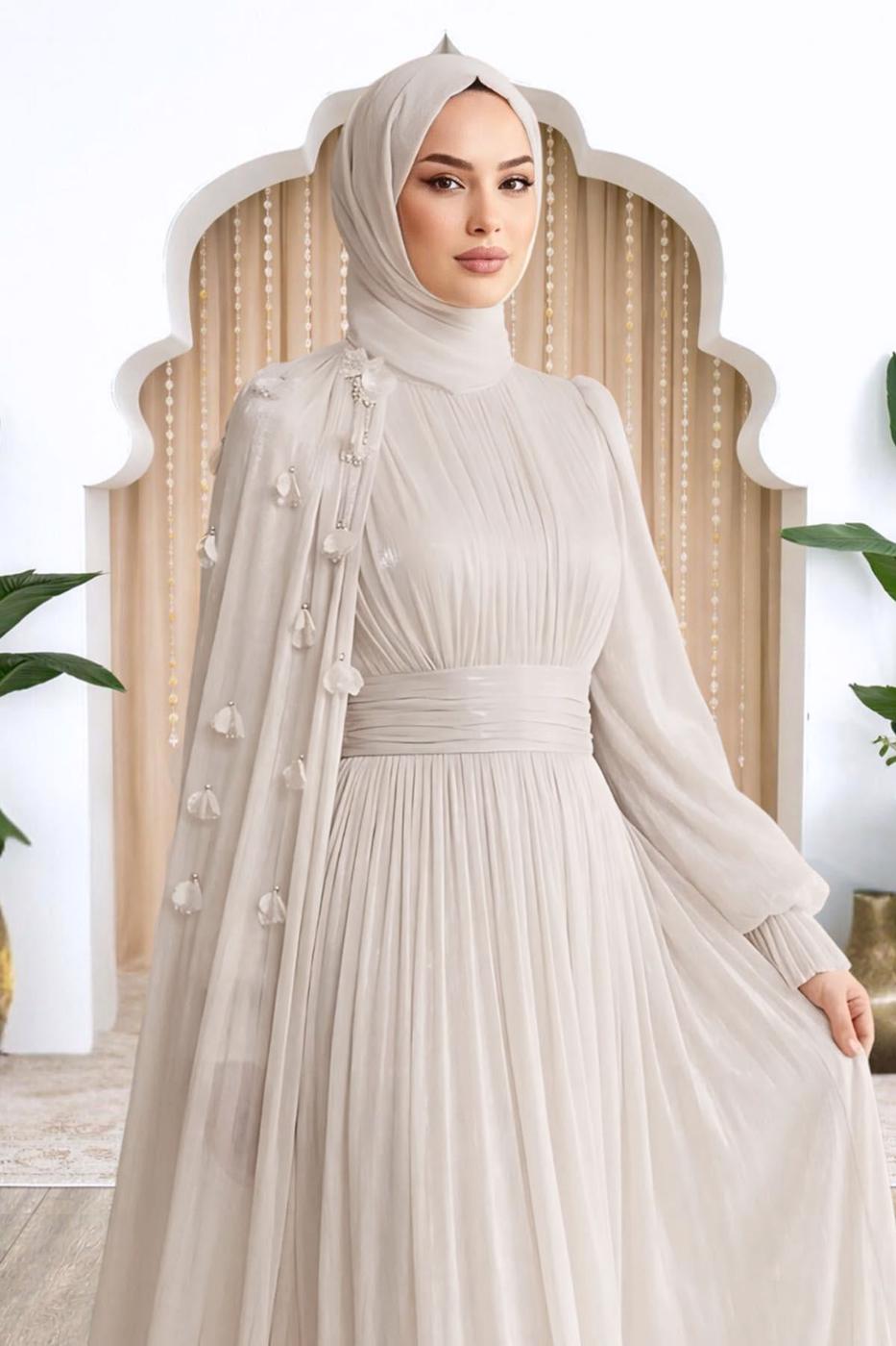 Tesettür giyim BEJ PELERİNLİ ŞİFON ABİYE ELBİSE T 6663