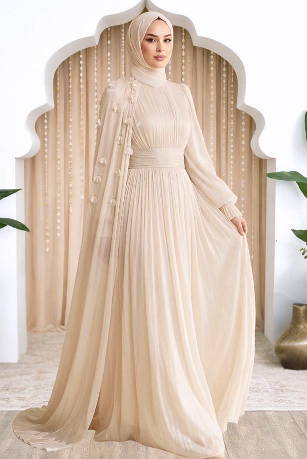 Tesettür giyim EKRU PELERİNLİ ŞİFON ABİYE ELBİSE T 6663 - TRENDTESETTÜR