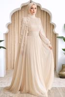 Tesettür giyim EKRU PELERİNLİ ŞİFON ABİYE ELBİSE T 6663