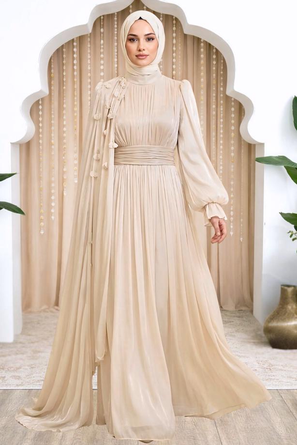 Tesettür giyim EKRU PELERİNLİ ŞİFON ABİYE ELBİSE T 6663 - TRENDTESETTÜR