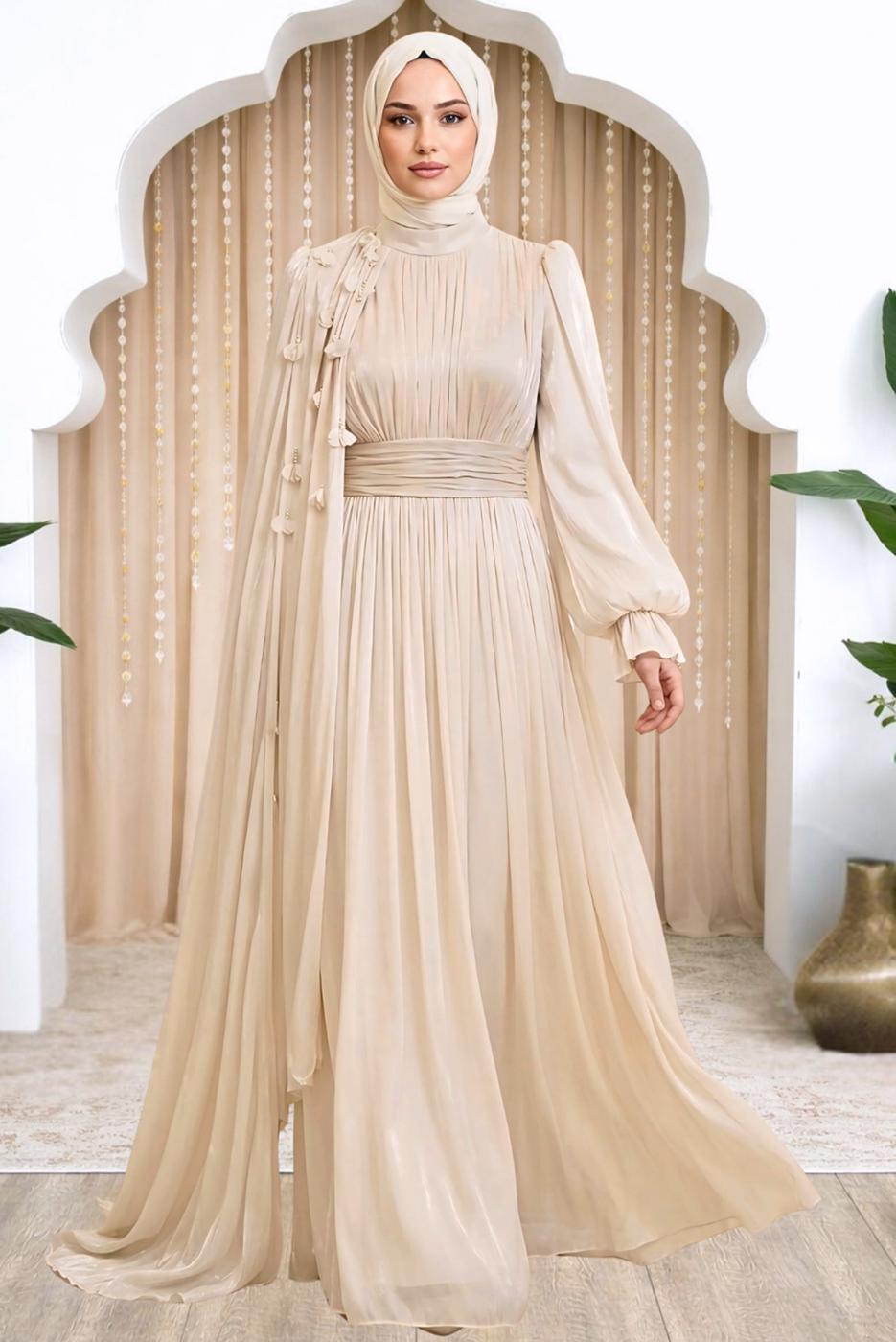Tesettür giyim EKRU PELERİNLİ ŞİFON ABİYE ELBİSE T 6663