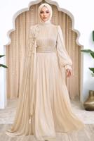 Tesettür giyim EKRU PELERİNLİ ŞİFON ABİYE ELBİSE T 6663