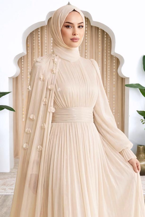 Tesettür giyim EKRU PELERİNLİ ŞİFON ABİYE ELBİSE T 6663 - TRENDTESETTÜR