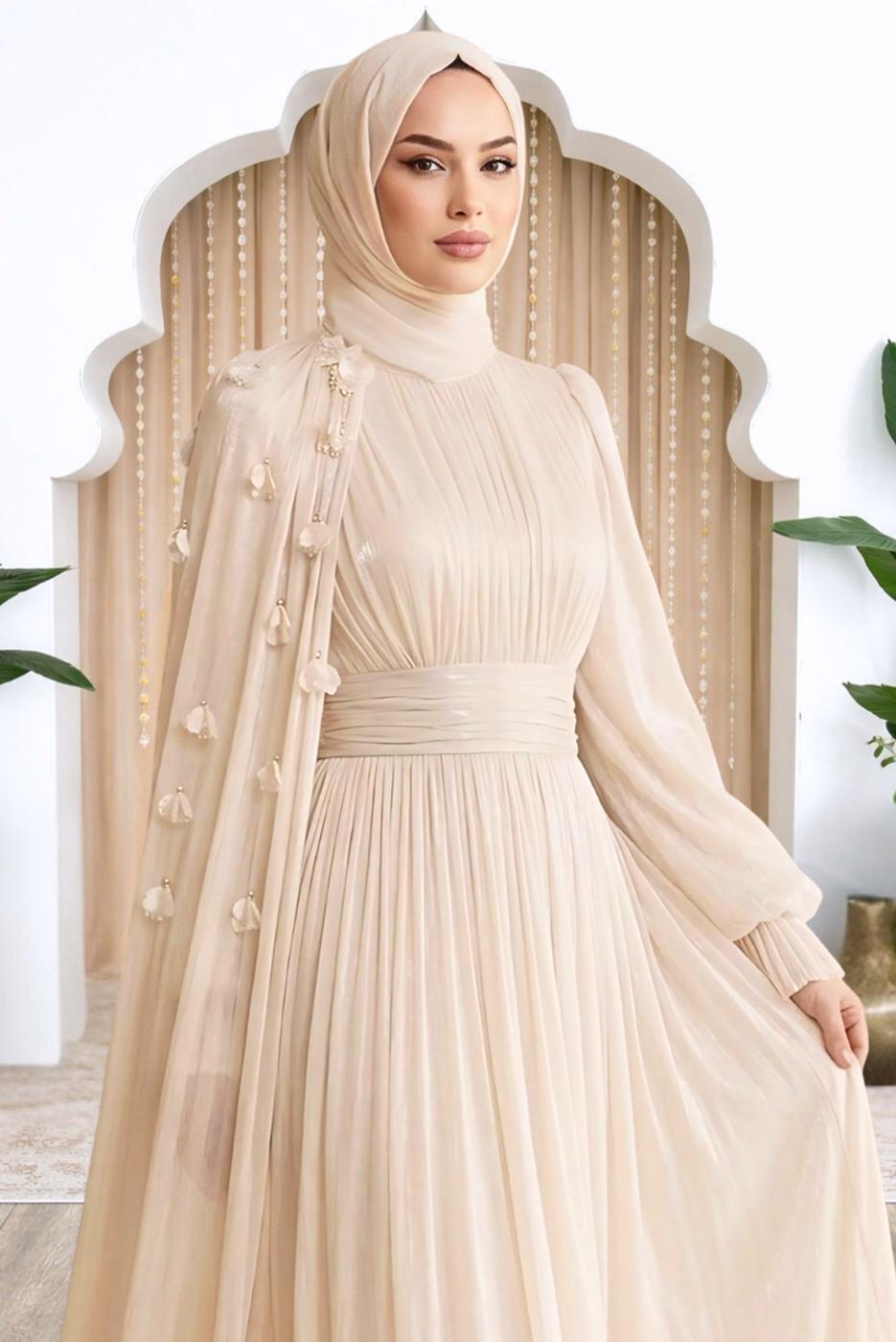 Tesettür giyim EKRU PELERİNLİ ŞİFON ABİYE ELBİSE T 6663