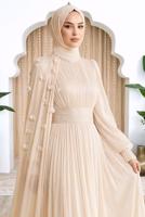 Tesettür giyim EKRU PELERİNLİ ŞİFON ABİYE ELBİSE T 6663