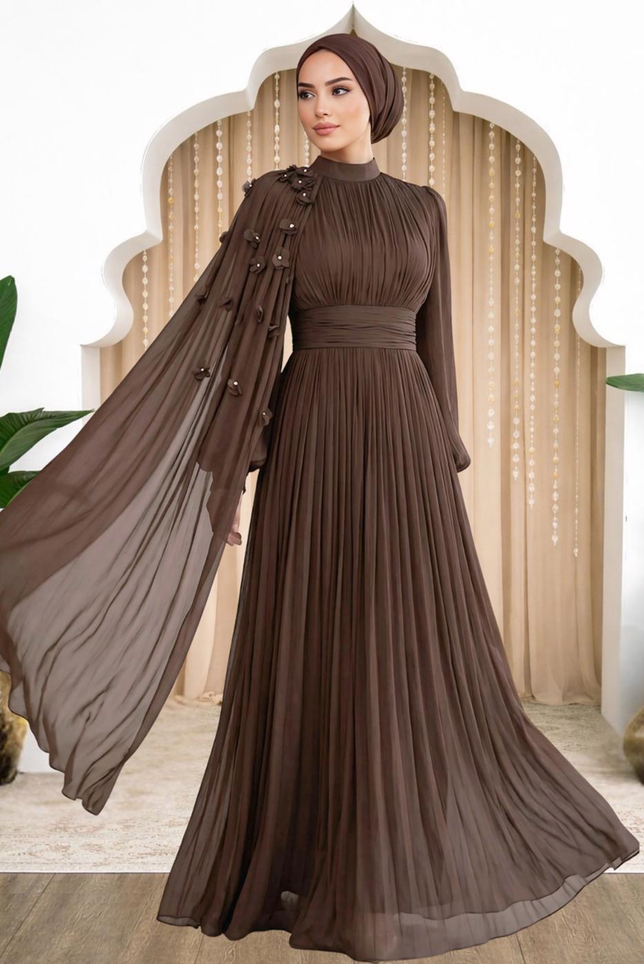 Tesettür giyim KAHVE PELERİNLİ ŞİFON ABİYE ELBİSE T 6663