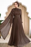 Tesettür giyim KAHVE PELERİNLİ ŞİFON ABİYE ELBİSE T 6663