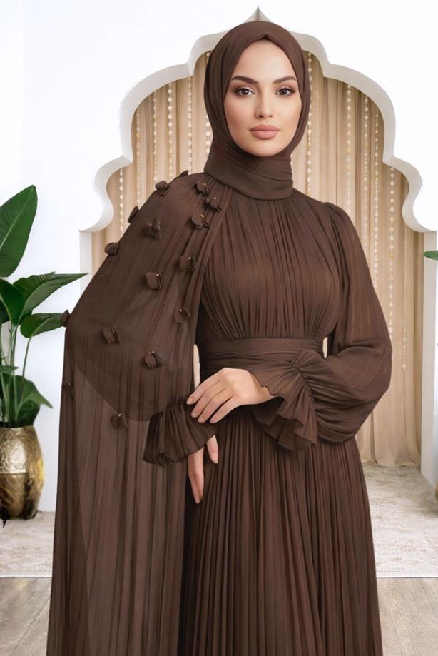 Tesettür giyim KAHVE PELERİNLİ ŞİFON ABİYE ELBİSE T 6663 - TRENDTESETTÜR