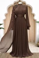 Tesettür giyim KAHVE PELERİNLİ ŞİFON ABİYE ELBİSE T 6663