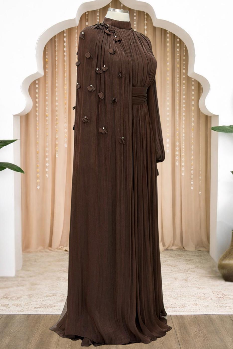 Tesettür giyim KAHVE PELERİNLİ ŞİFON ABİYE ELBİSE T 6663