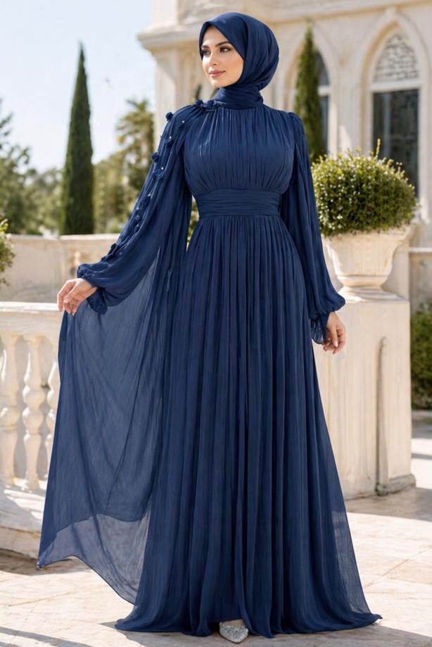 Tesettür giyim LACİVERT PELERİNLİ ŞİFON ABİYE ELBİSE T 6663 - TRENDTESETTÜR