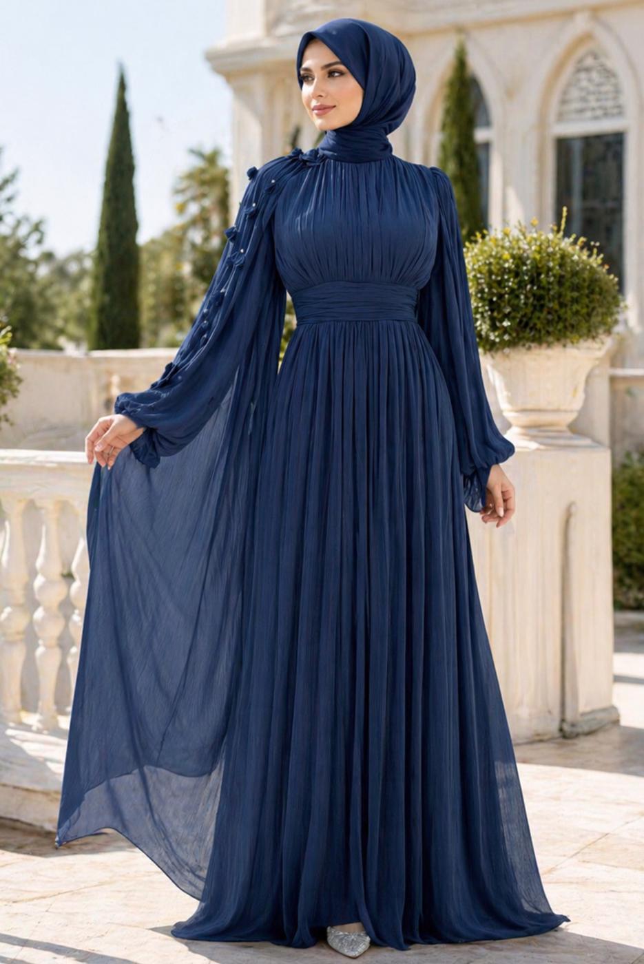 Tesettür giyim LACİVERT PELERİNLİ ŞİFON ABİYE ELBİSE T 6663