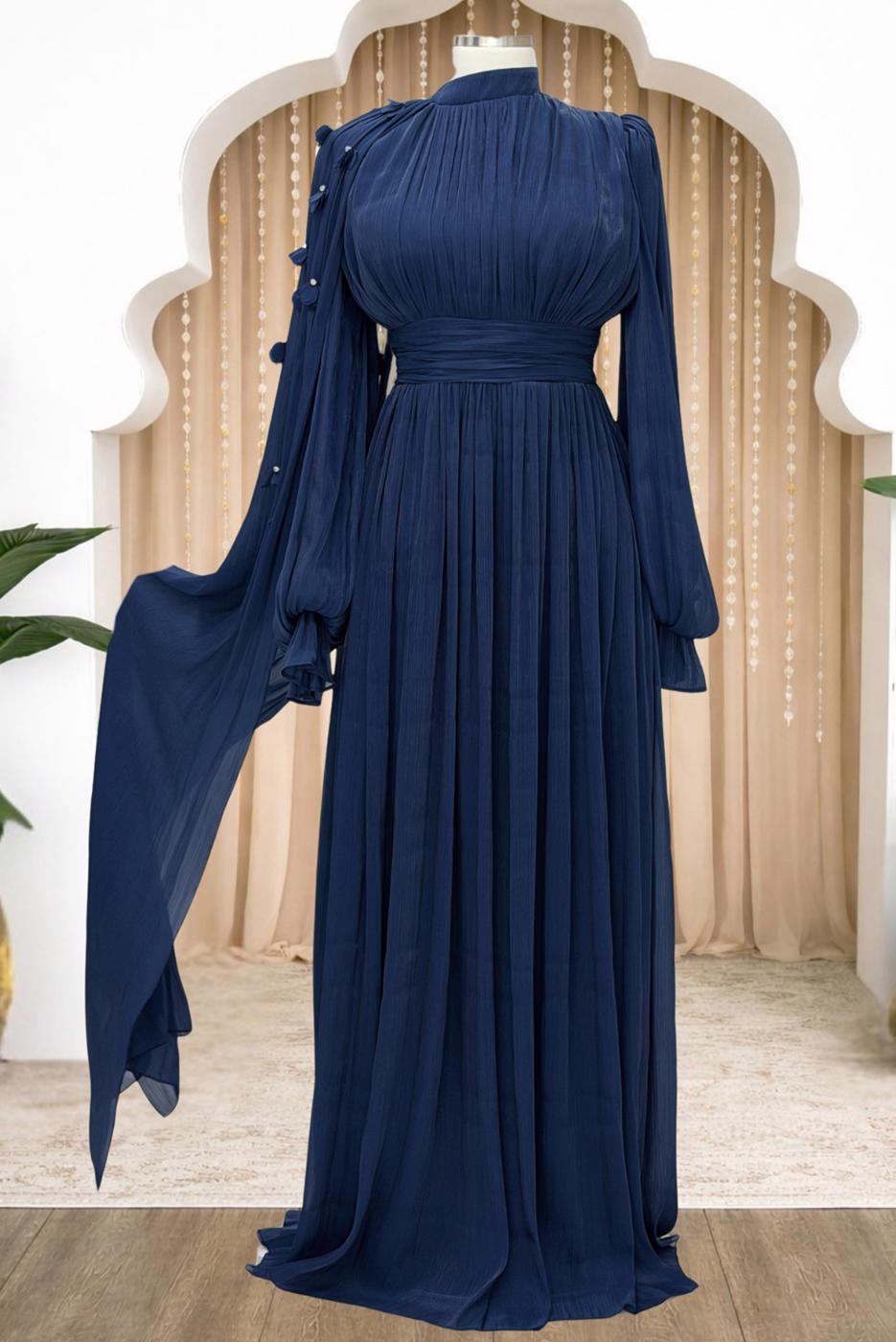 Tesettür giyim LACİVERT PELERİNLİ ŞİFON ABİYE ELBİSE T 6663