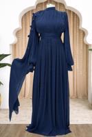 Tesettür giyim LACİVERT PELERİNLİ ŞİFON ABİYE ELBİSE T 6663