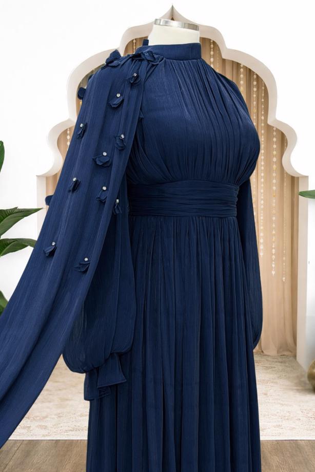 Tesettür giyim LACİVERT PELERİNLİ ŞİFON ABİYE ELBİSE T 6663 - TRENDTESETTÜR