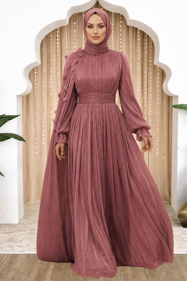 Tesettür giyim PEMBE PELERİNLİ ŞİFON ABİYE ELBİSE T 6663 - TRENDTESETTÜR