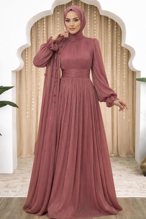 Tesettür giyim PEMBE PELERİNLİ ŞİFON ABİYE ELBİSE T 6663 - TRENDTESETTÜR
