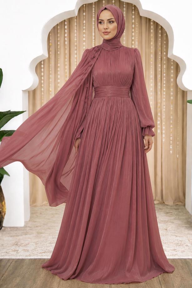 Tesettür giyim PEMBE PELERİNLİ ŞİFON ABİYE ELBİSE T 6663 - TRENDTESETTÜR
