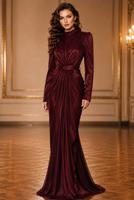 Hijab clothing CLARET RED BELTED DRAPED CHIFFON EVENING DRESS T 7325