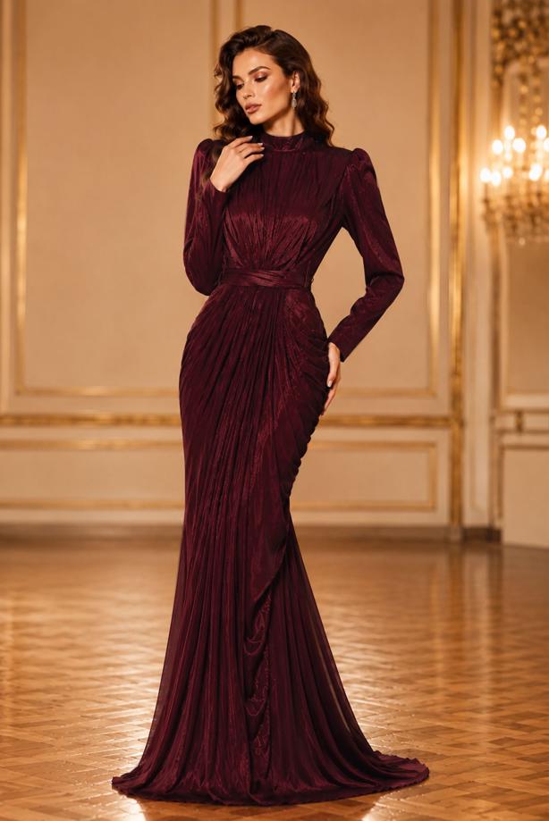 Hijab clothing CLARET RED BELTED DRAPED CHIFFON EVENING DRESS T 7325 - TRENDTESETTÜR