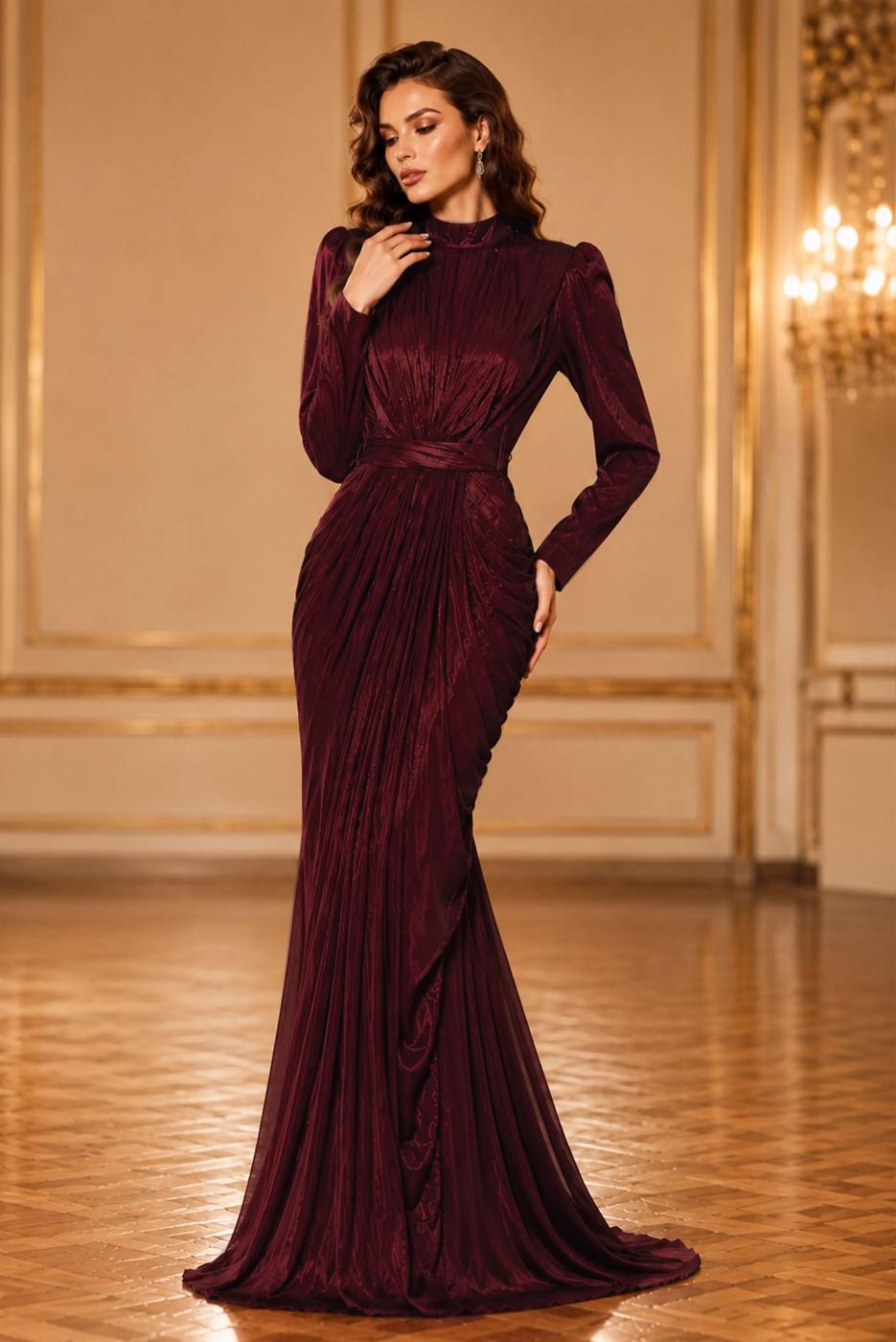 Hijab clothing CLARET RED BELTED DRAPED CHIFFON EVENING DRESS T 7325
