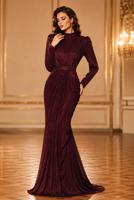 Hijab clothing CLARET RED BELTED DRAPED CHIFFON EVENING DRESS T 7325