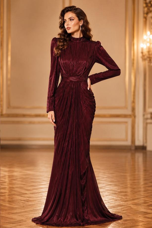 Hijab clothing CLARET RED BELTED DRAPED CHIFFON EVENING DRESS T 7325 - TRENDTESETTÜR
