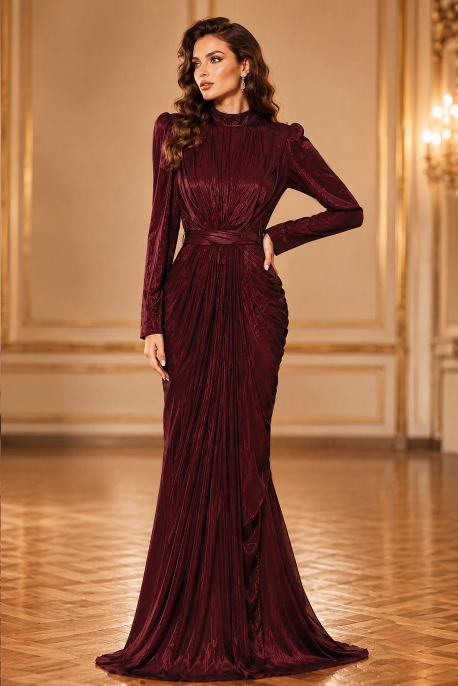 Hijab clothing CLARET RED BELTED DRAPED CHIFFON EVENING DRESS T 7325