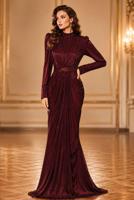 Hijab clothing CLARET RED BELTED DRAPED CHIFFON EVENING DRESS T 7325