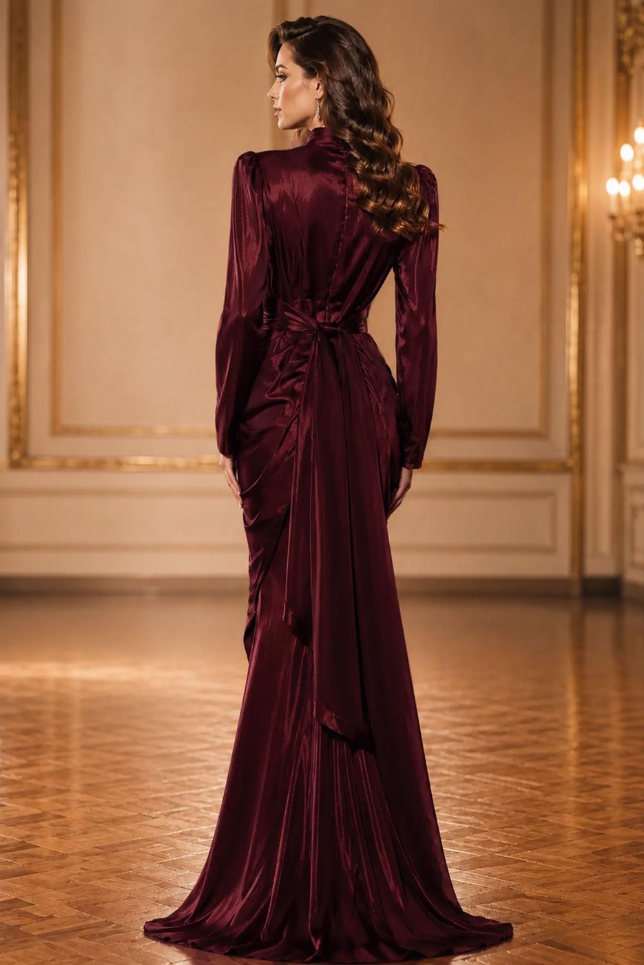 Hijab clothing CLARET RED BELTED DRAPED CHIFFON EVENING DRESS T 7325