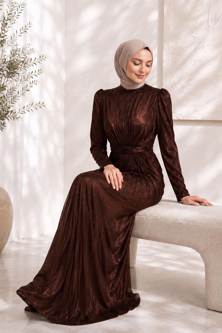 Tesettür giyim KAHVE KUŞAKLI DRAPELİ ŞİFON ABİYE ELBİSE T 7325